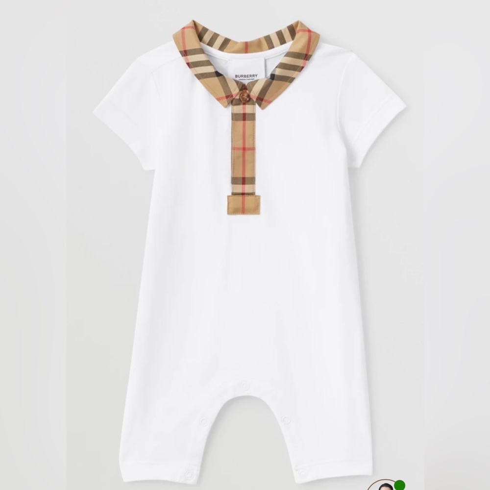 Burberry Baby Check Trim Stretch Cotton Piqué Playsuit